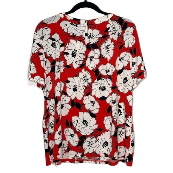 Karl Lagerfeld Short Sleeve Black Red White Floral Print Pleated Bow Front Top - Picture 3 of 5